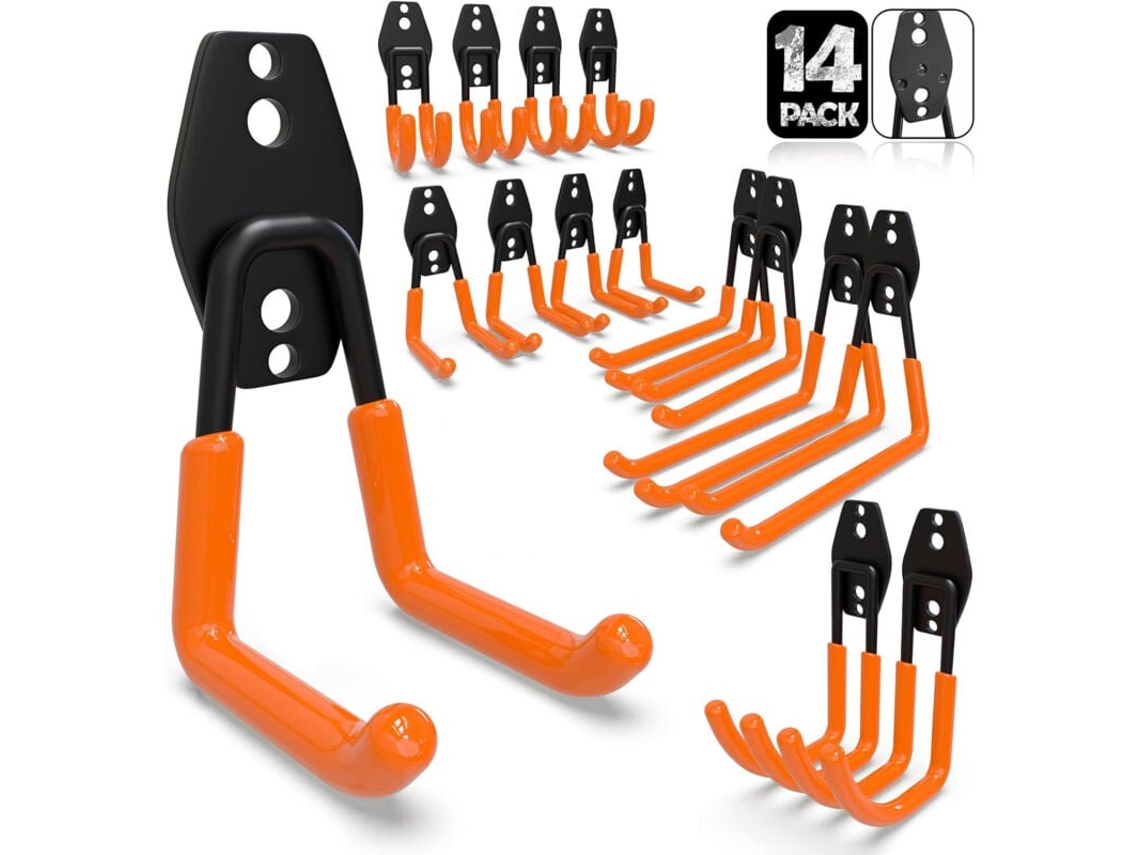 14 ganchos de pared para garaje y almacenamiento, de acero resistente, para escaleras, bicicletas y herramientas eléctricas (naranja)