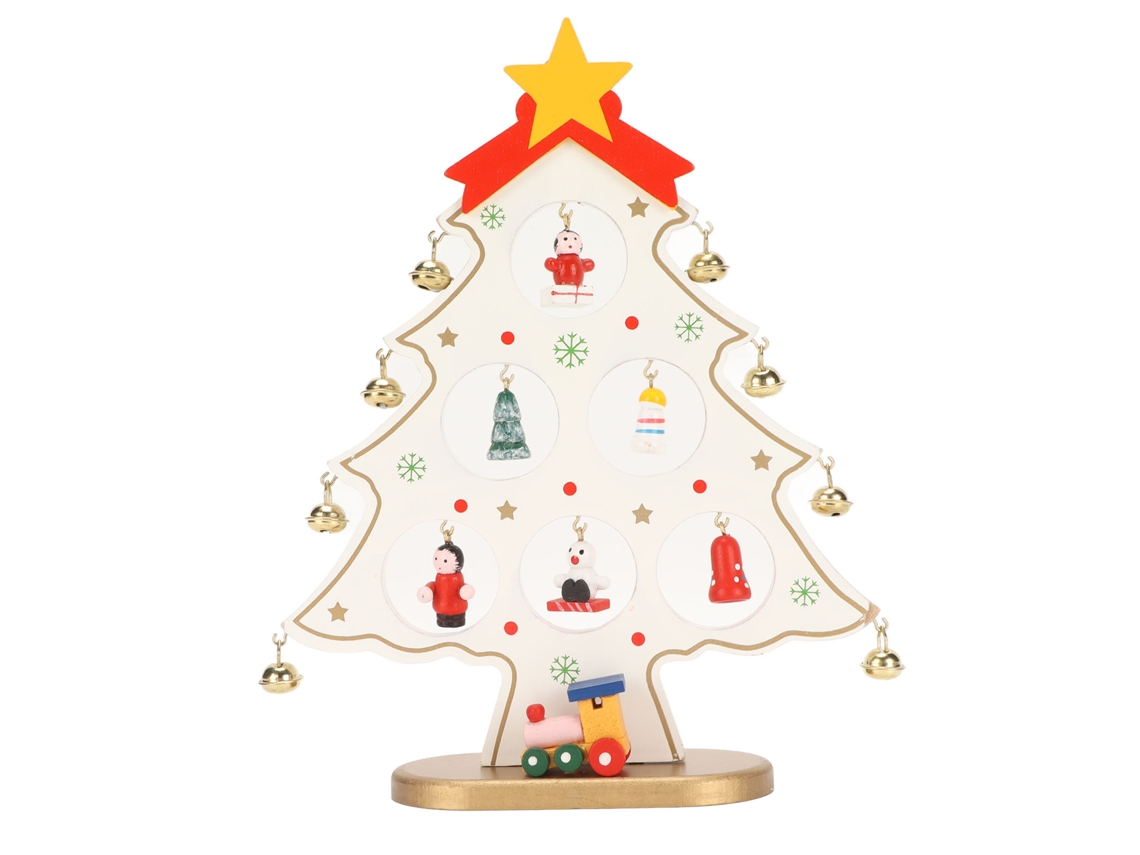 Árbol de Navidad de madera, adorno de escritorio irrompible con 8 campanas y 7 colgantes.