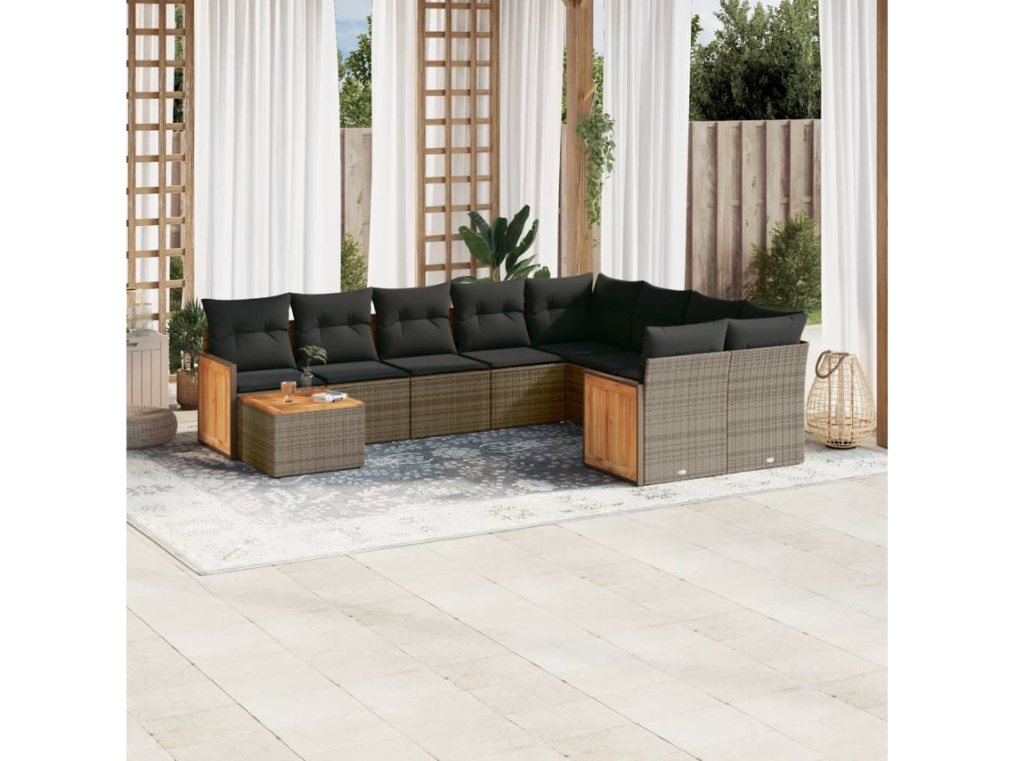Conjunto de sofá de jardín de 10 piezas con cojines, ratán gris, DKD Home Decor