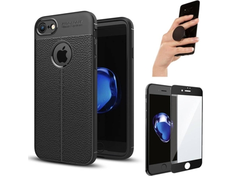 Carcasa + Protector + Popsocket iPhone 8 Rugged Leather Negro