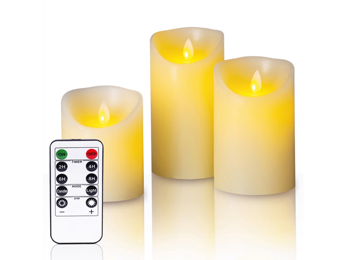 Juego de 3 lámparas LED simuladas con control remoto, blanco marfil, luz amarilla cálida