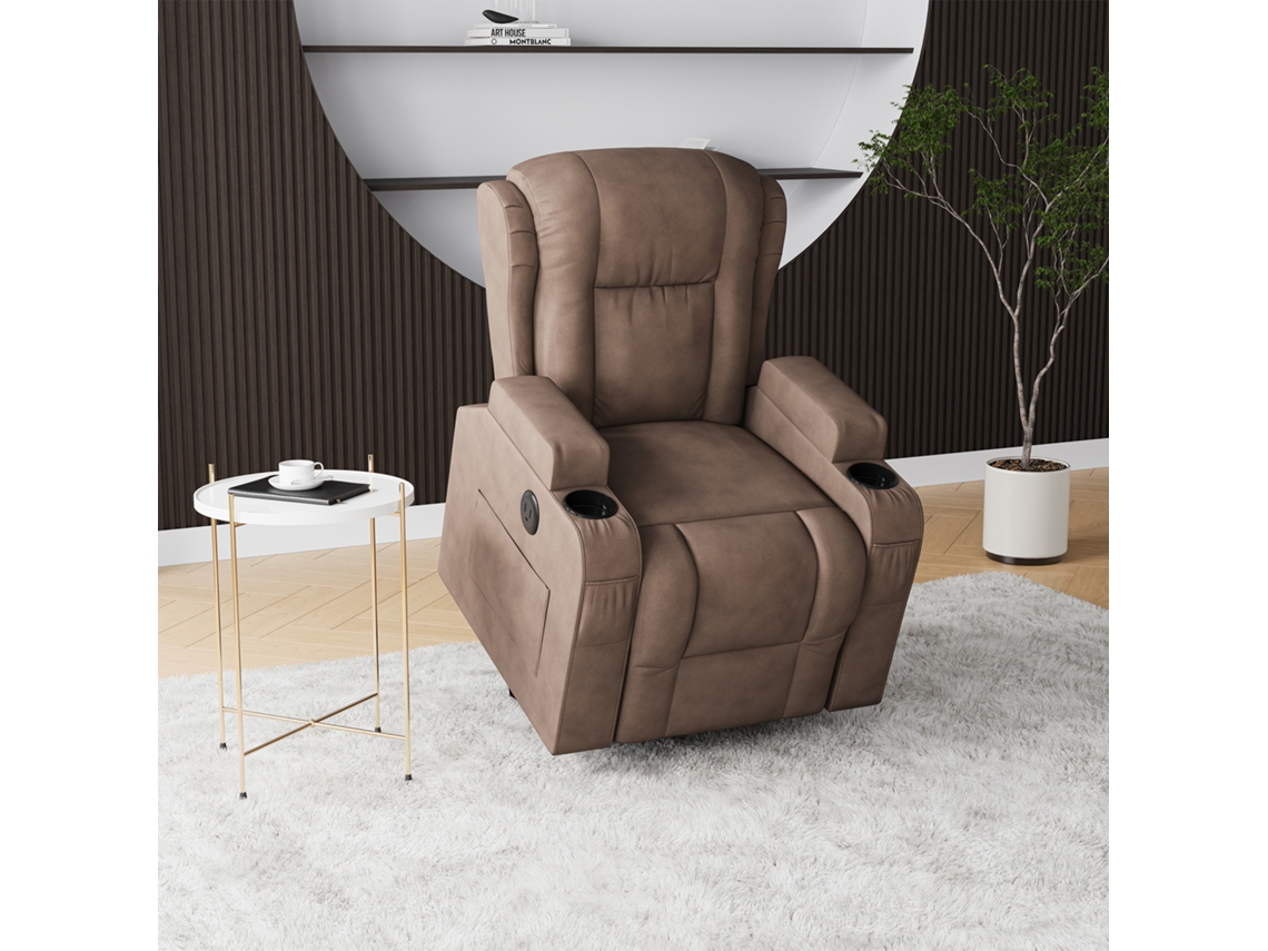 Sillón Masaje Eléctrico Tela Acolchada Marrón 93x102x105cm Power Lift 8 Puntos Masaje Calefacción Usb Portavasos Sala Estar