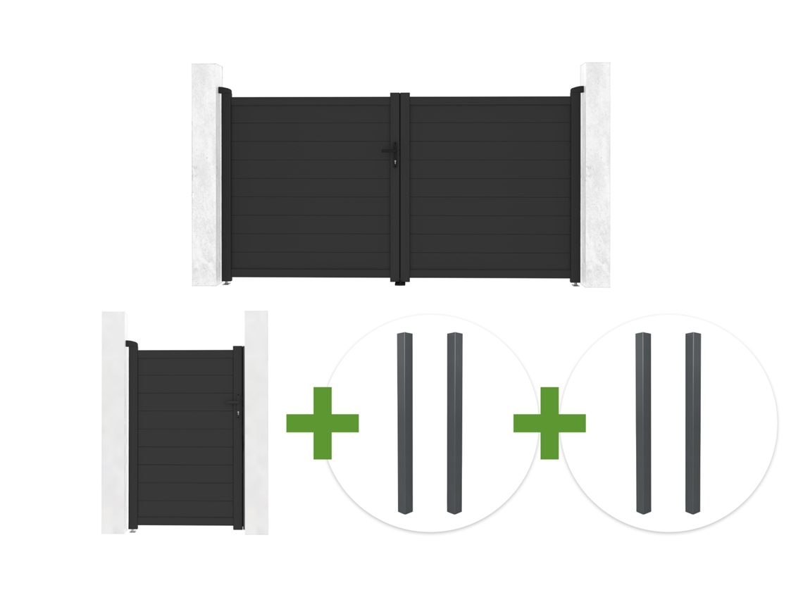 Puerta Batiente Gris Eiger 3 M H.160 Cm + Puerta Peatonal Eiger 1 M H.160 Cm + 4 Postes Elda