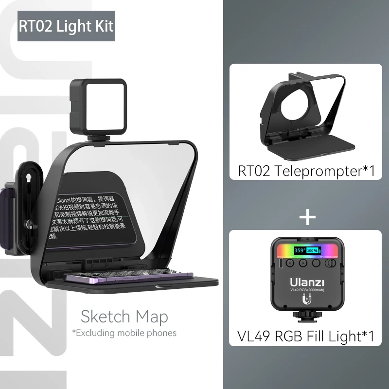 Kit de teleprompter RT02 con luz RGB VL49, plegable de 9 pulgadas, para celular, cámara y tableta, con control remoto y adaptadores de lentes