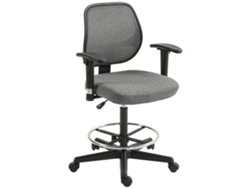 Silla de oficina ajustable de respaldo alto con reposabrazos y ruedas, color gris.