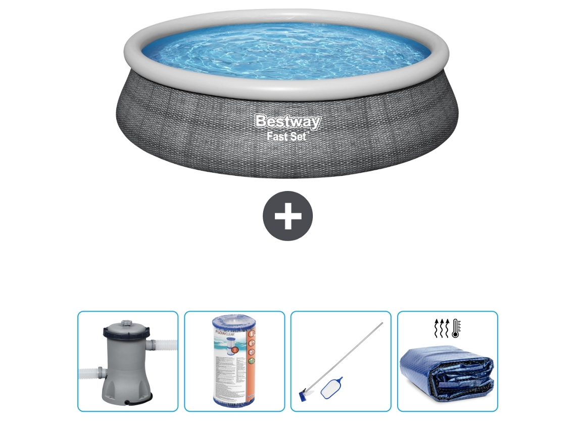 Piscina hinchable redonda Fast Set BESTWAY - Estampado ratán - 457 x 84 cm - Bomba incluida Filtrar - kit de limpieza - Vela solar