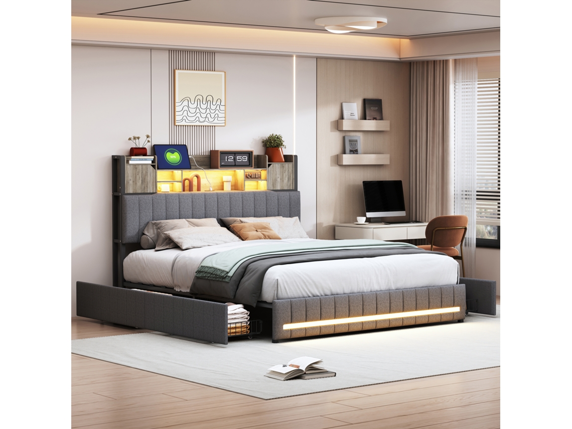 Cama Doble Tapizada 140 X 200 Cm, Cama Led Con Cajones, Cabecero Con Espacio De Almacenamiento, Carga Usb Y Tipo C, Cama De Lino Para Adultos