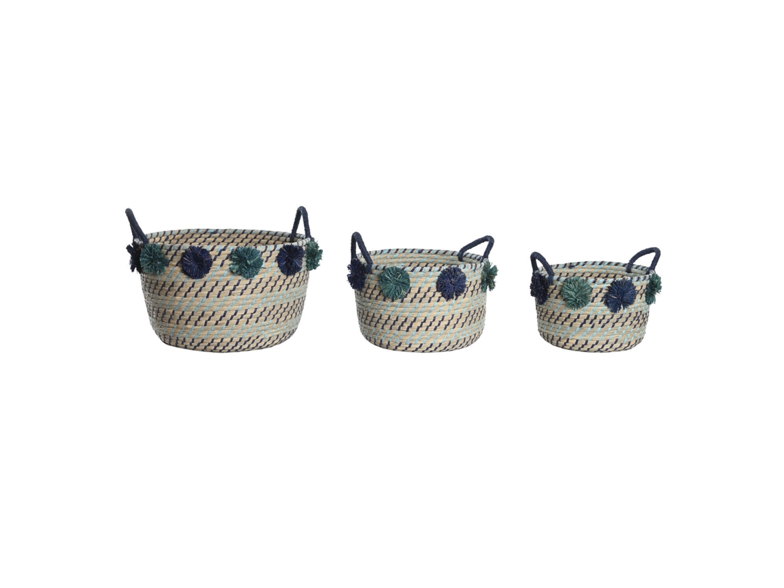 Set 3 Cesta Seagrass Pp Pompones 46x44x34cm