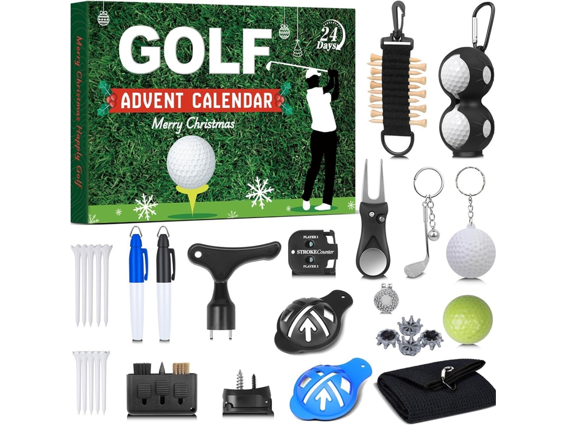 Calendario de Adviento de Golf 2026. Calendario navideño de 24 días con regalos de golf, incluyendo bolas, bolos y marcadores. Aeuzwr