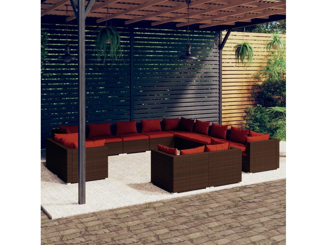 Conjunto de jardín de 13 piezas con cojines de mimbre marrón DKD Home Decor
