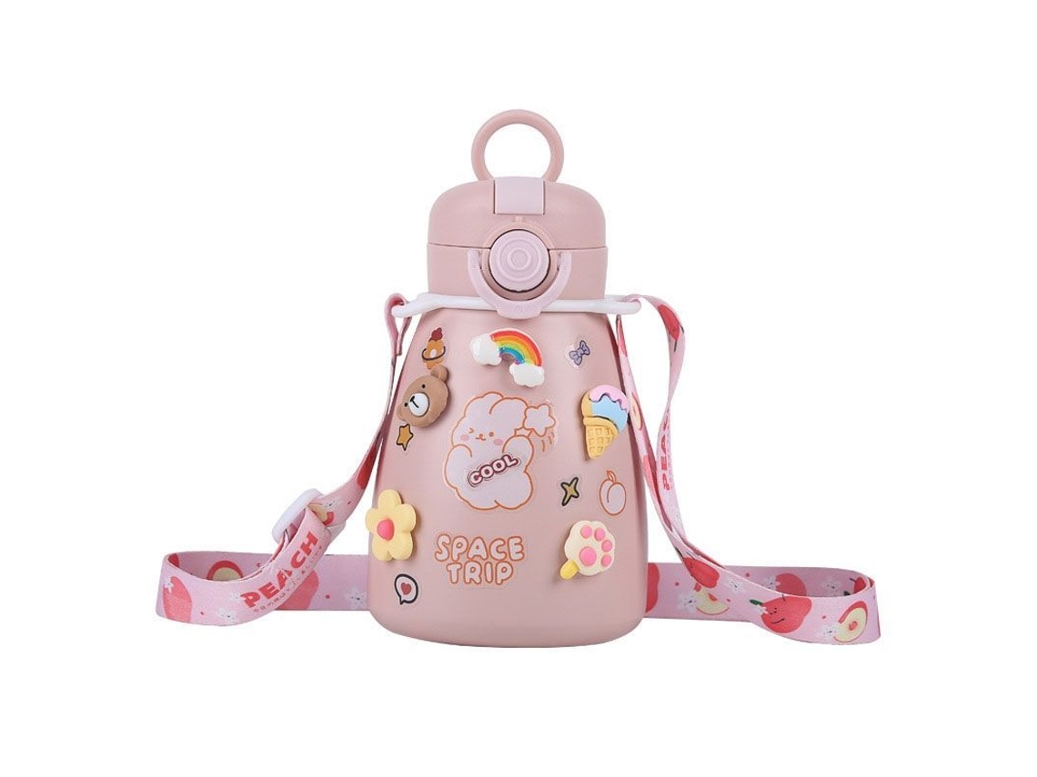Botella Térmica Kawaii Con Aislamiento, Pajita Y Vaso Grande (500 Ml, Rosa)