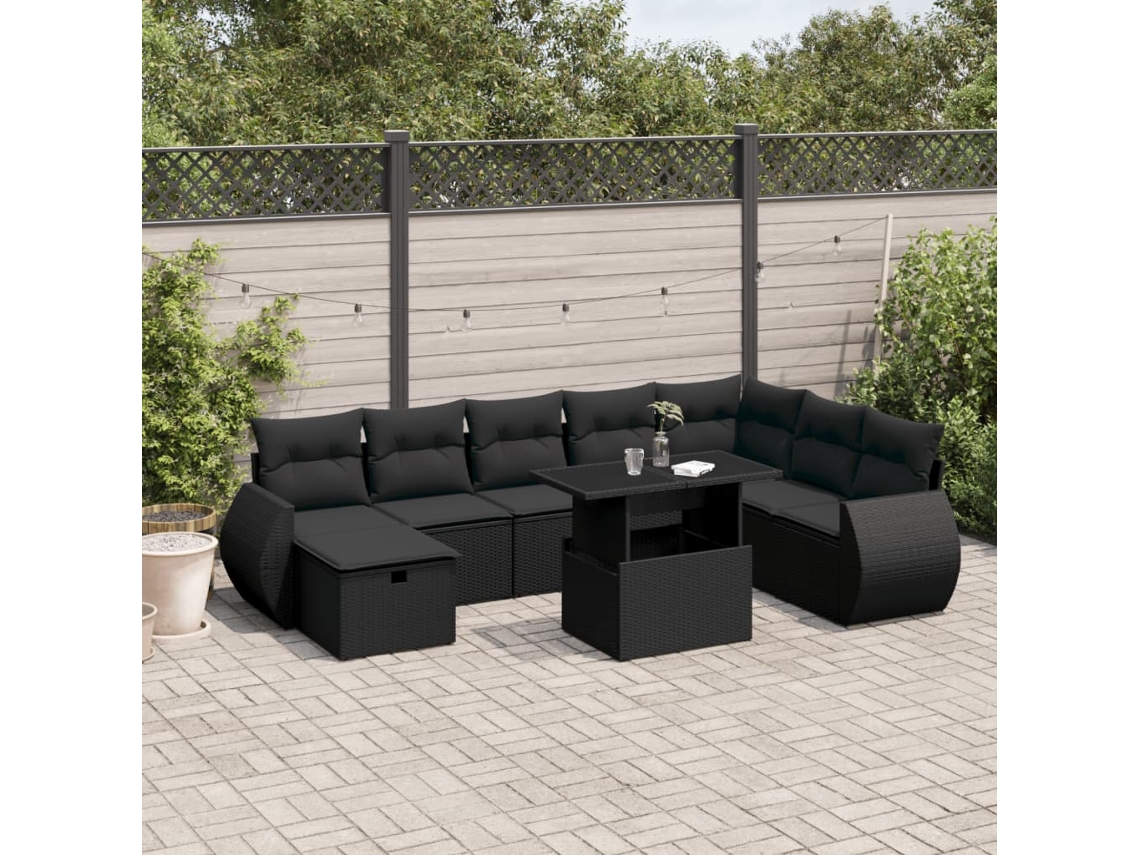 Conjunto de sofá de jardín de 9 piezas con cojines, ratán negro, Dkd Home Decor