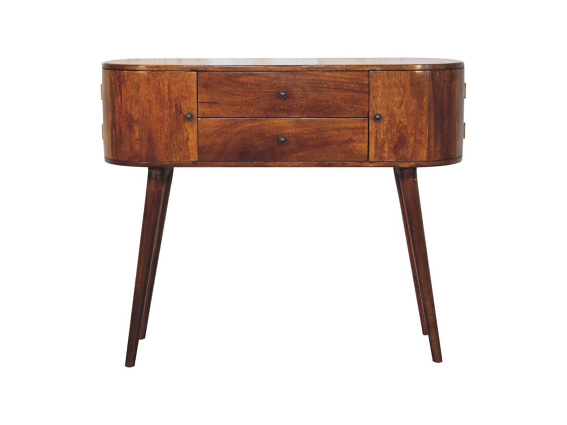 Consola de madera maciza de castaño con 2 cajones y 2 armarios laterales, muebles artesanales marrones
