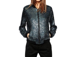 2026-chaqueta Casual Sin Cuello Slim Con Lentejuelas Para Mujer Con Cremallera fq S Azul