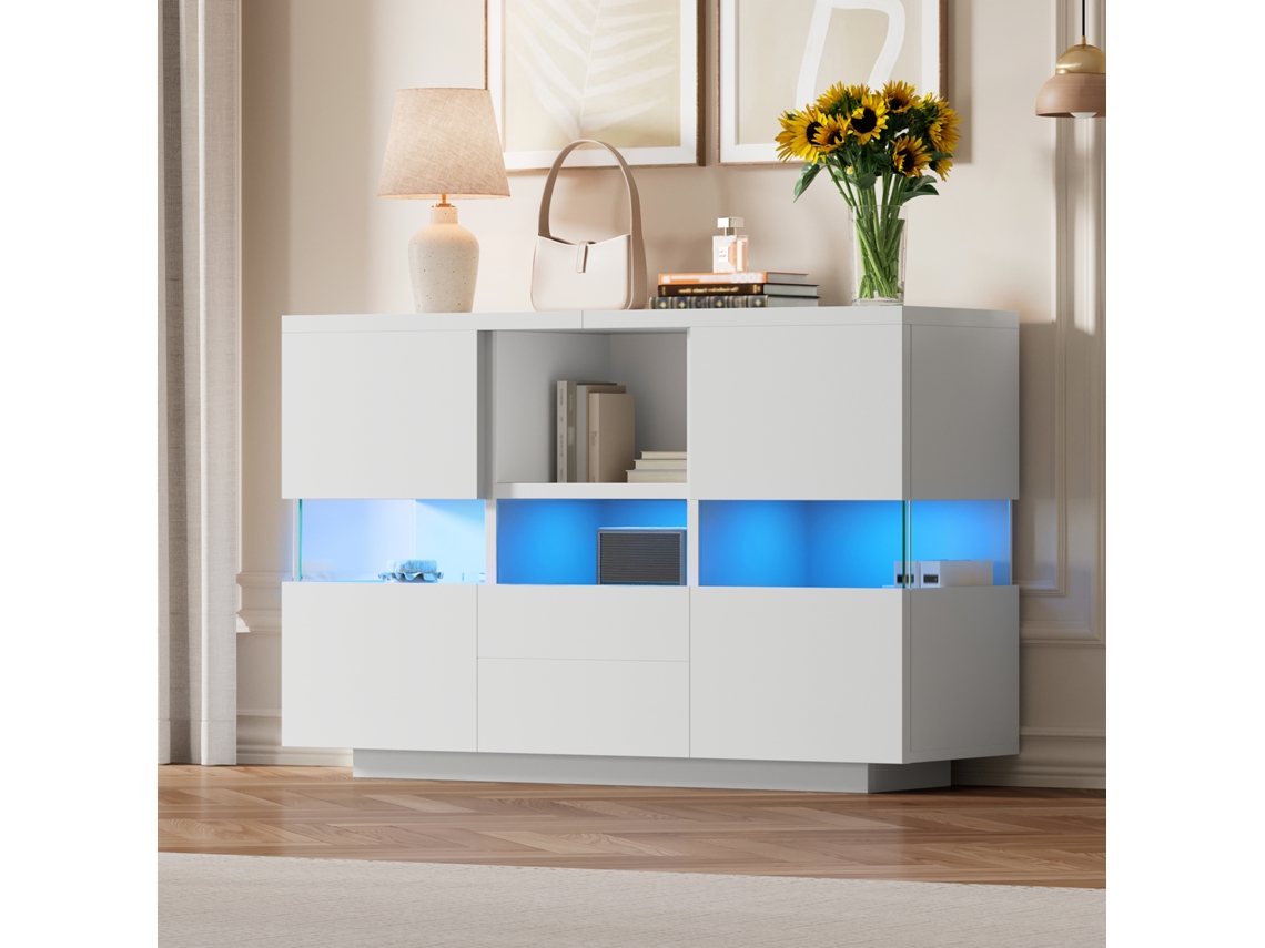 Aparador Minimalista Blanco - Doble Nivel, Flotante Arriba, Soporte Abajo, Opciones De Almacenamiento - Blanco