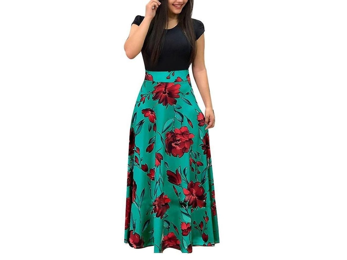 2026-vestido Largo De Manga Corta Con Estampado Floral, Cuello Redondo Para Mujer De Fiesta, Playa Y Verano S Verde