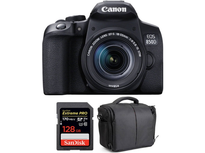 Kit Cámara CANON EOS 850D + EF-S 18-55mm f/4-5.6 IS STM + SanDisk 128 GB + Bolsa (APS-C)