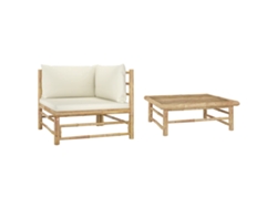 2 piezas combinadas. Sillón de jardín de bambú con cojines en blanco crema, Dkd Home Decor
