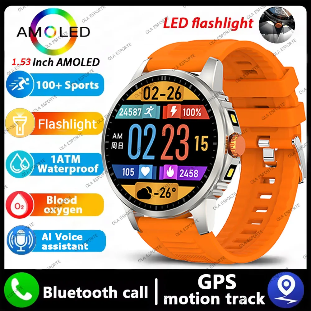(naranja) Reloj Inteligente Militar Para Exteriores Con Linterna Led, Rastreador Gps Gnss Incorporado Y Resistente Al Agua.