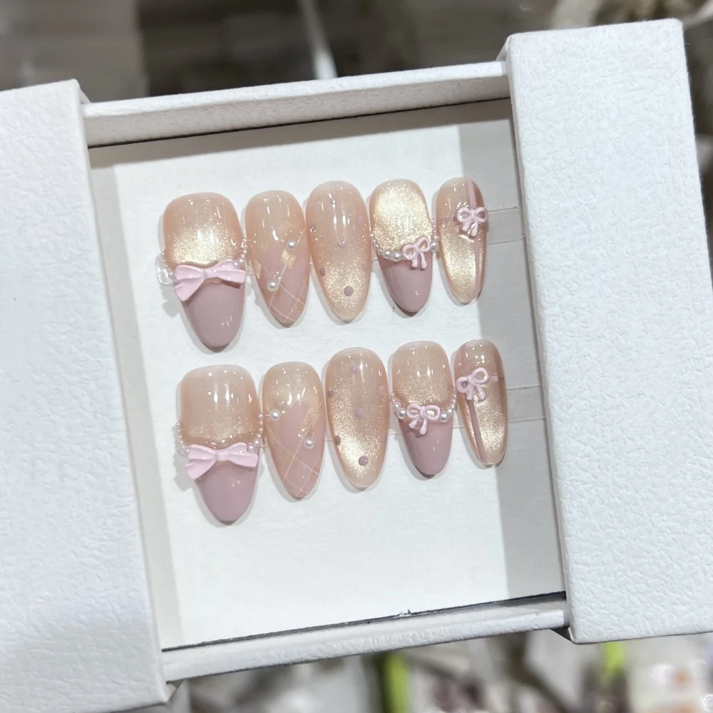 (870 -l) 10 Uñas Postizas Con Lazo Y Perlas, Tipo A Presión, Ponibles