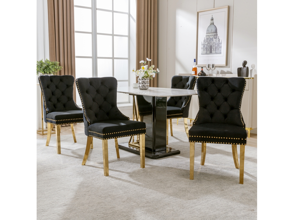 Sillas de Comedor (4 Unidades), Sillones Tapizados con Detalles Tachonados y Patas Doradas, Estilo Terciopelo Negro y Dorado.