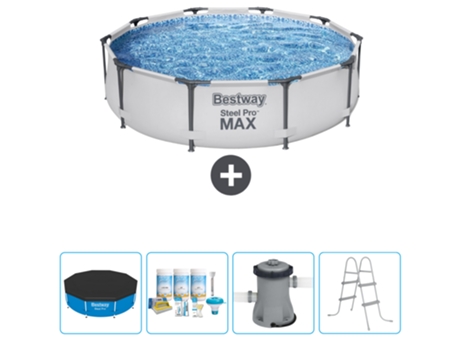 Piscina BESTWAY Round Steel Pro MAX - 305 x 76 cm - Gris - Incluida Cubrir - Paquete de mantenimiento - Bomba - Escalera