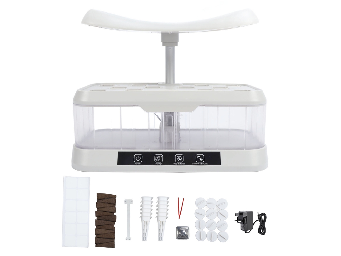 Sistema de cultivo hidropónico con 12 módulos, luz LED y enchufe británico.