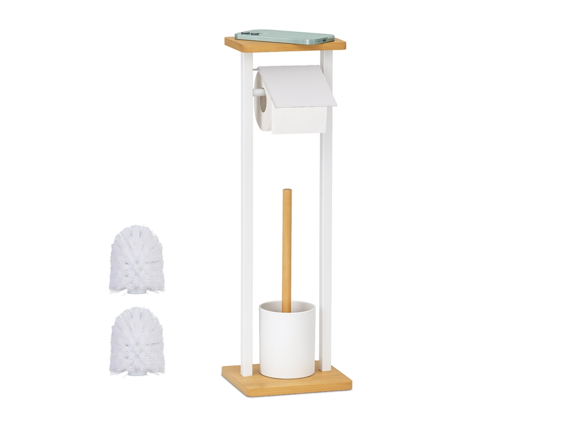 Juego De Baño Relaxdays, Estante Independiente, Hbt: 73,5 X 20 X 20 Cm, 2 Cepillos, Soporte Papel, Blanco/natural