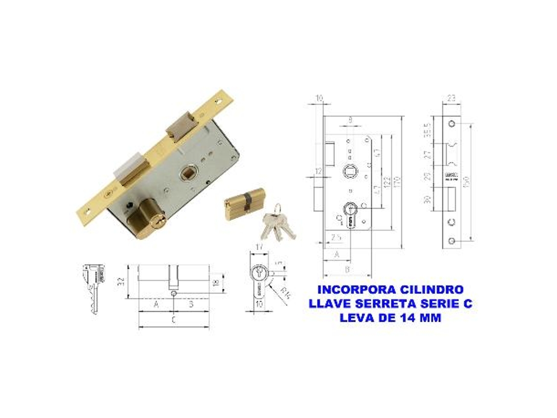 Mcm cerradura embutir madera 1501-2-45 45 canto recto latonado