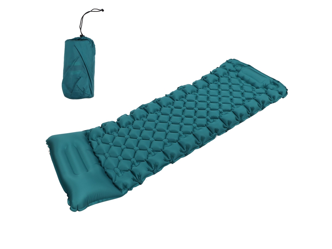 Colchón Inflable De Camping Con Bomba Pie Diseño Ergonómico Almohada Curva Azul Pavo Real