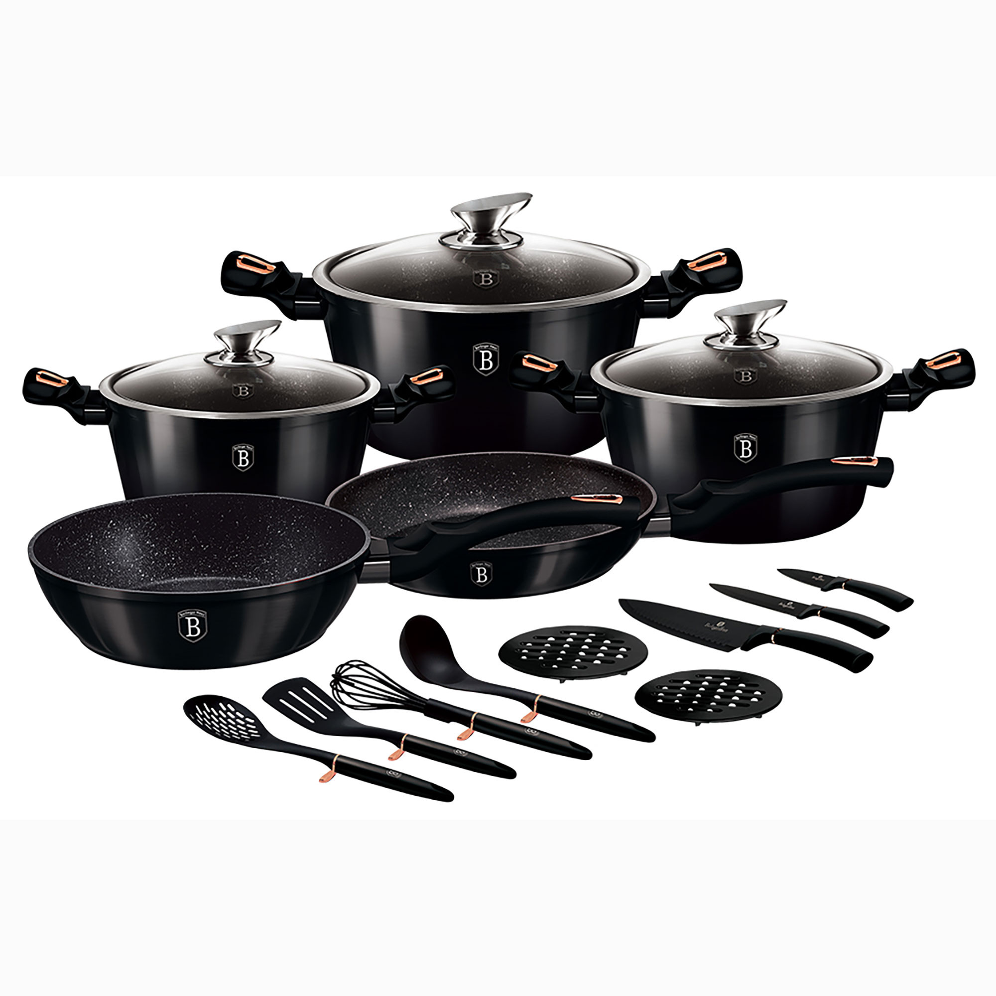 Haus Shyny Black batería cocina 17 piezas de 282420 cm aluminio forjado negro antiadherente set 3 cazuelas tapas cristal 2 sartenes cuchillos
