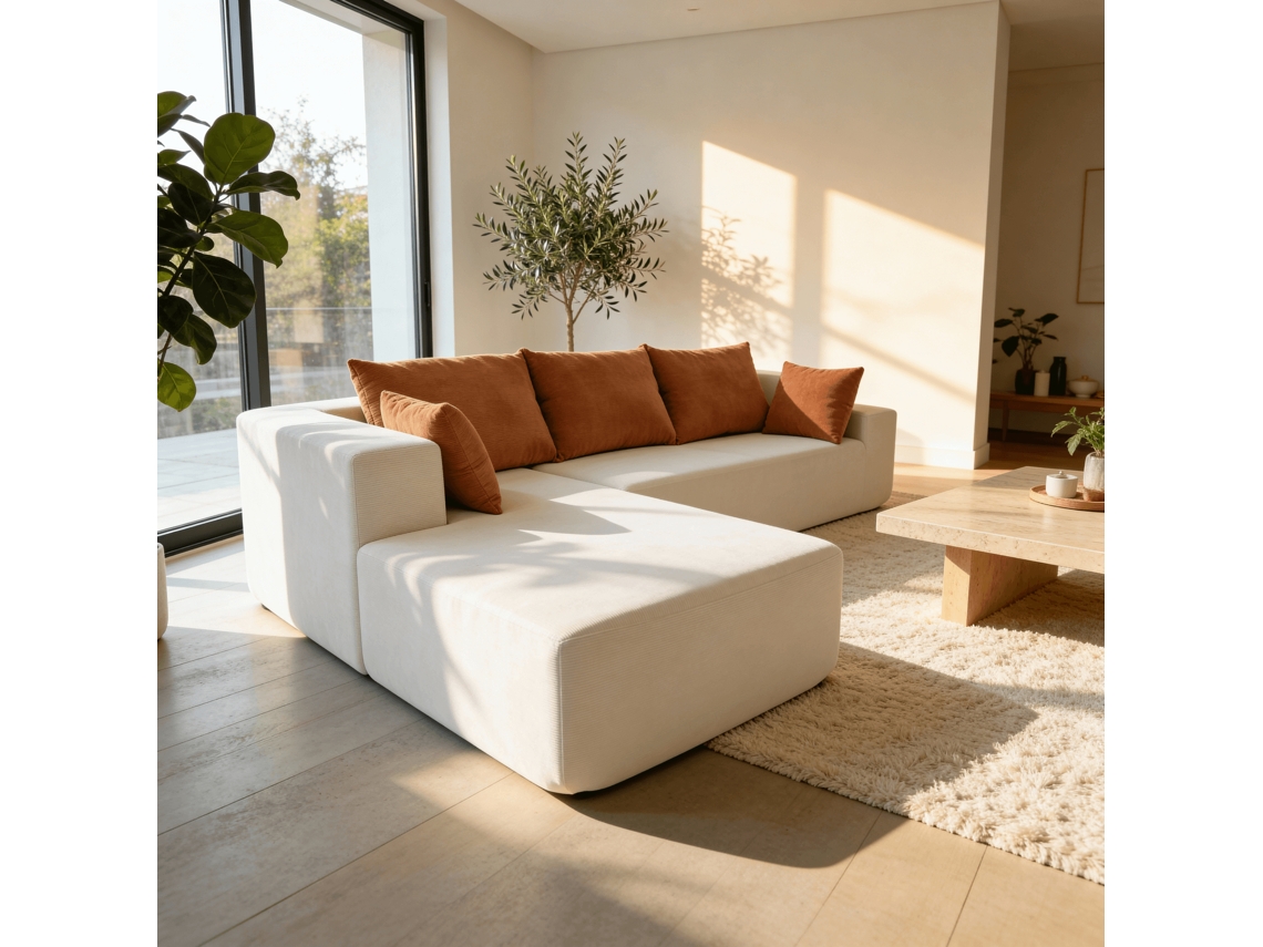 Sofá de salón Luna de 3 plazas, blanco/naranja, lado izquierdo, COCO SPA (175 x 129 x 90 cm)