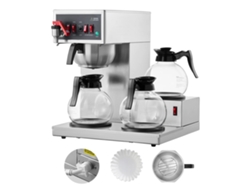 Cafetera con capacidad para 12 tazas, fabricada en acero inoxidable 304, apta para uso comercial, prepara el café en 6 minutos e incluye 3 jarras de vidrio.