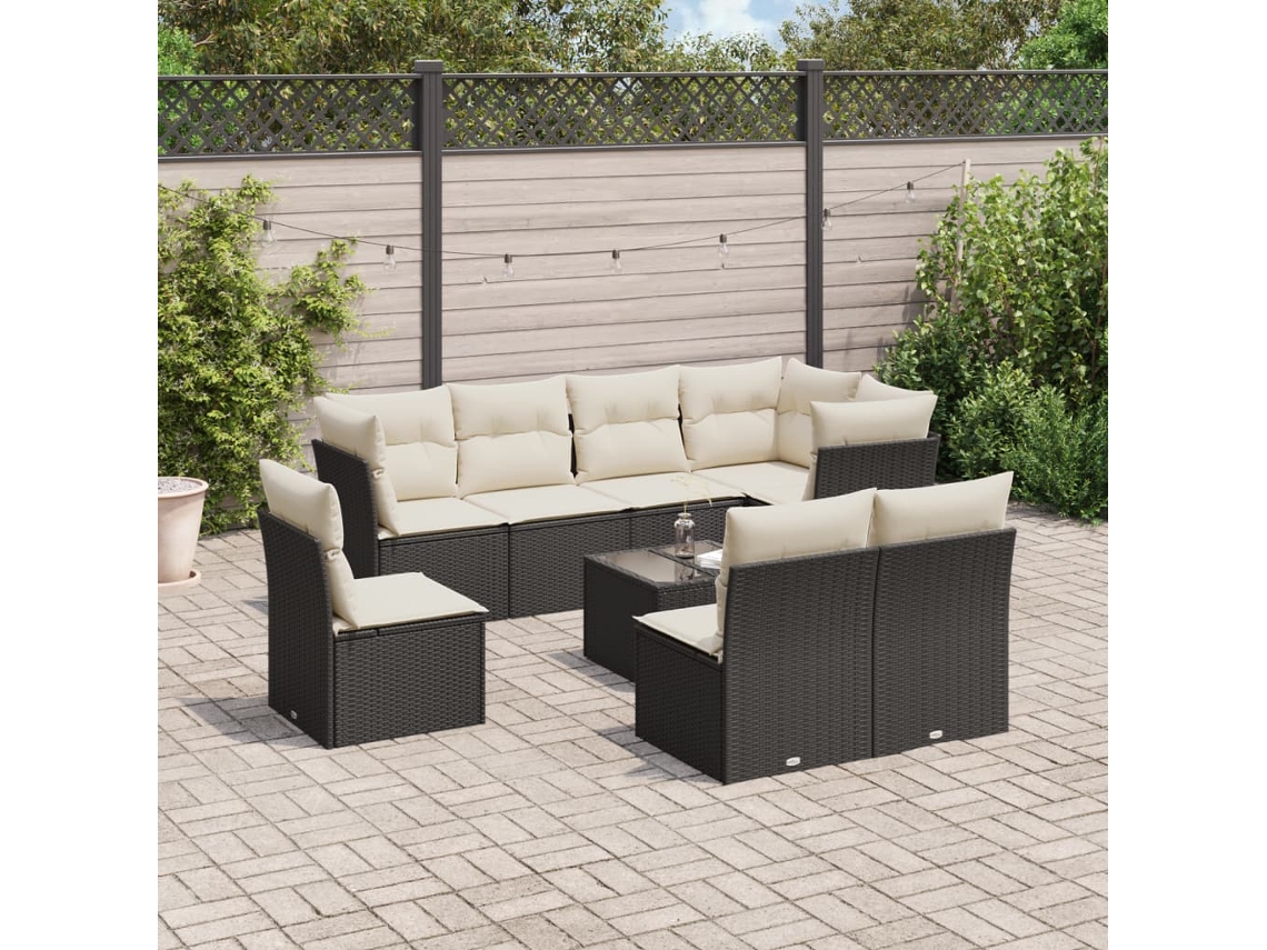 Conjunto de sofá de jardín de 9 piezas con cojines, ratán negro, Dkd Home Decor