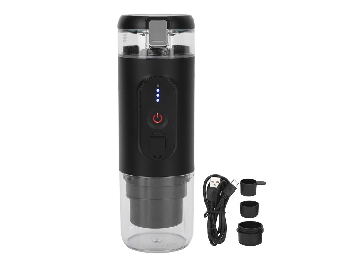 Cafetera portátil de viaje compatible con cápsulas y polvo, carga USB para exteriores, coche y oficina.