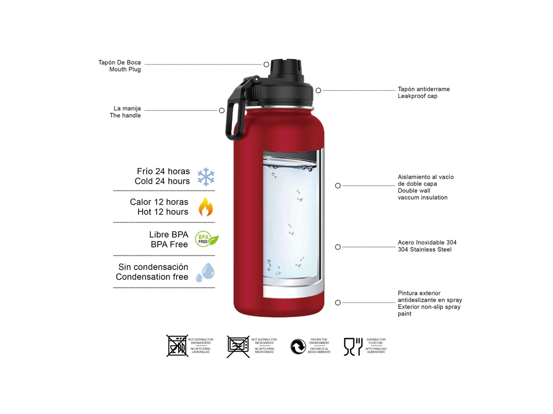 Botella térmica de agua Mdug de acero inoxidable de 1000 ml en color burdeos. Botella térmica reutilizable (roja).