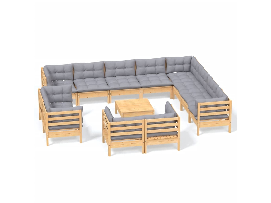 Conjunto de 13 sillones de jardín con cojines de pino macizo gris MAISON EXCLUSIVE