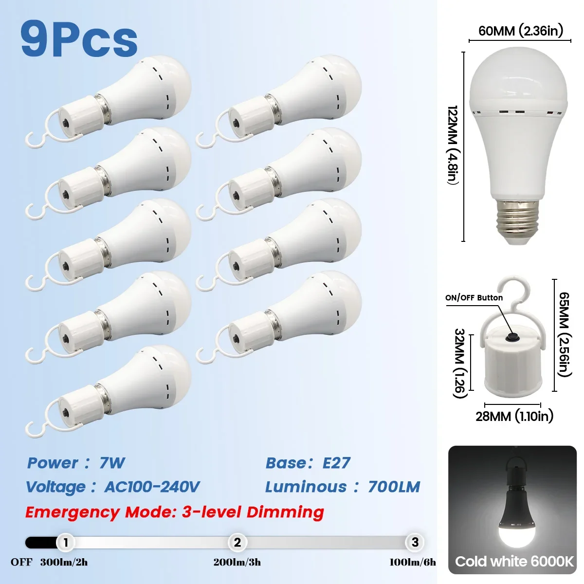 Bombillas Led Recargables (9 Unidades, 7w), Casquillo E27, 1500 Mah, Para Uso De Emergencia, Aptas Para Cortes De Luz Y Acampada Al Aire Libre.