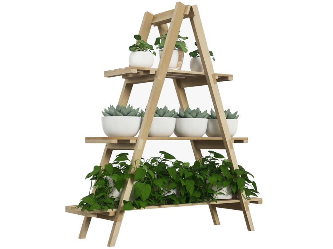Soporte plegable de madera para plantas, 3 niveles, Estructura A, 100x36x112 cm, Natural