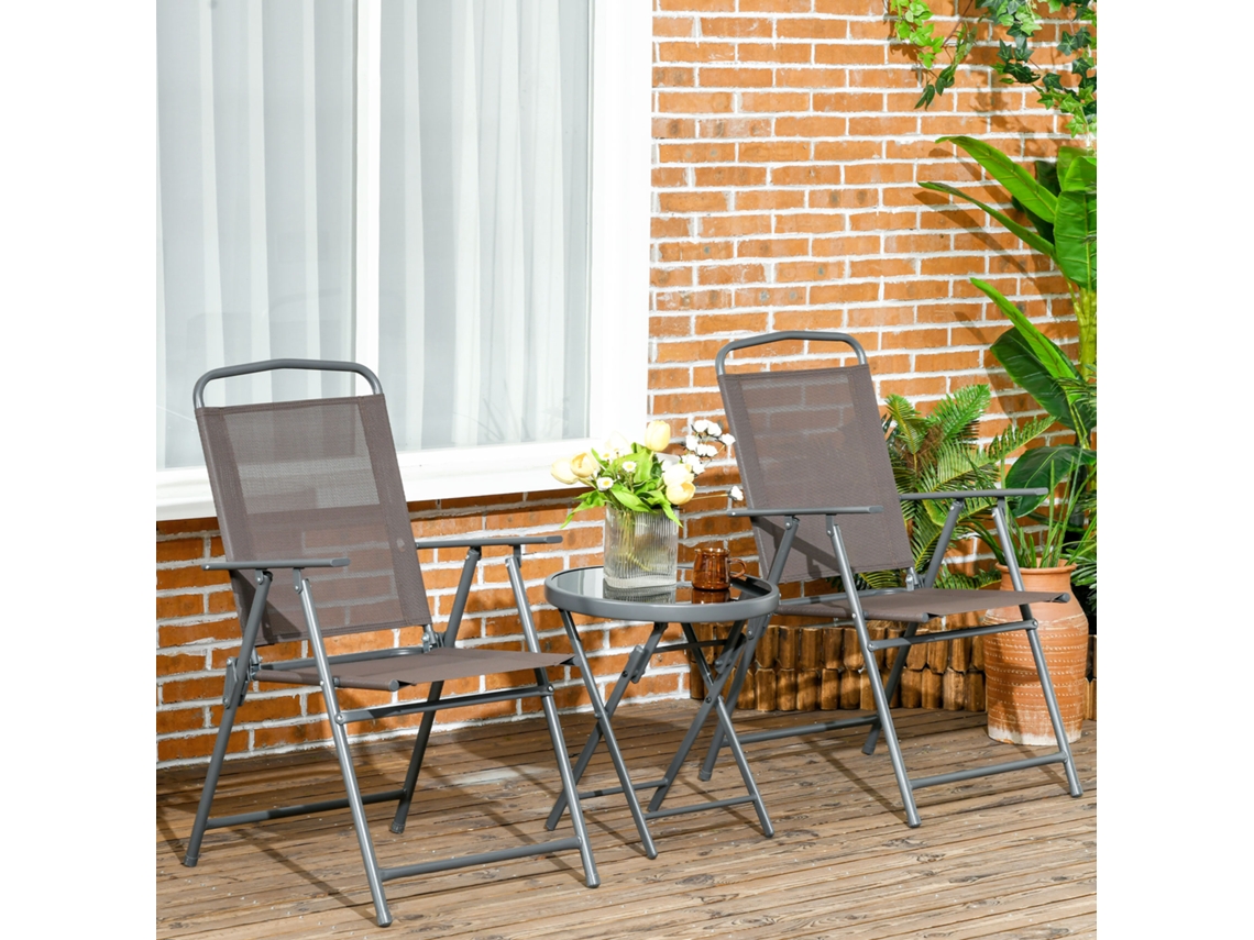 Juego De Bistró Juego De Muebles De Jardín Metálicos Impermeables De 3 Piezas Con Mesa De Cristal Plegable Sillas De Jardín Marrón