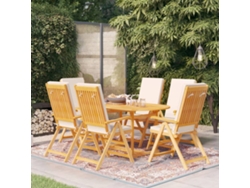 Conjunto 7 Peças Jantar Jardim C/ Almofadões Madeira Teca Maciça Dkd Home Decor