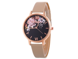 Reloj De Pulsera Para Mujer Con Diseño Floral Y Correa De Cuero Beige - Reloj De Moda
