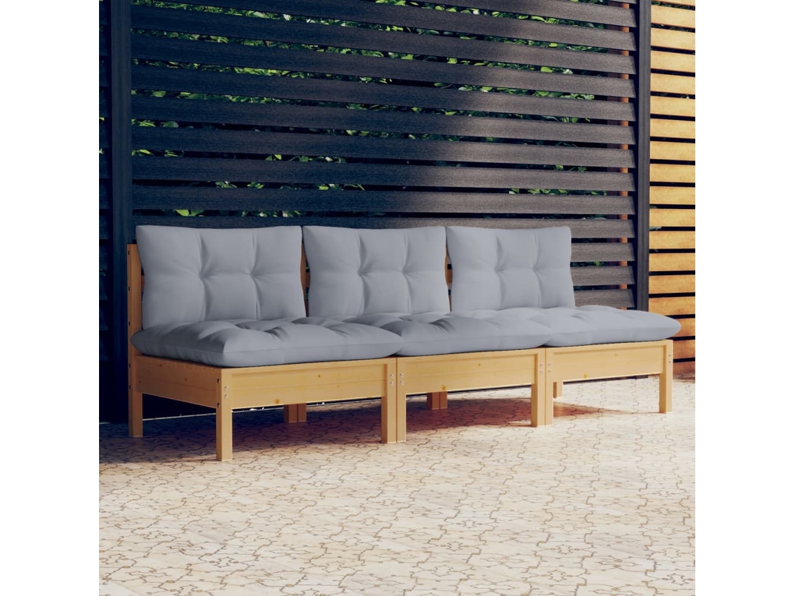 Sofá de jardín de 3 plazas con cojines grises en pino macizo, Dkd Home Decor