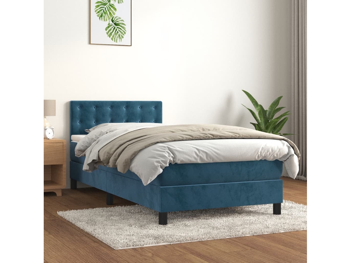 Cama Box Spring Con Colchón Terciopelo Azul Oscuro 100x200 Cm