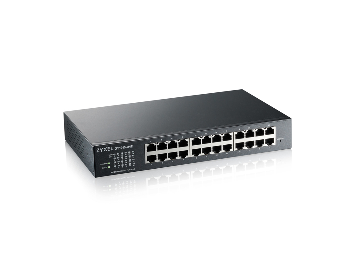 Conmutador inteligente gestionable 24x10/100/1000 de la serie Gs1915, compatible con rack y pared Zyxel.