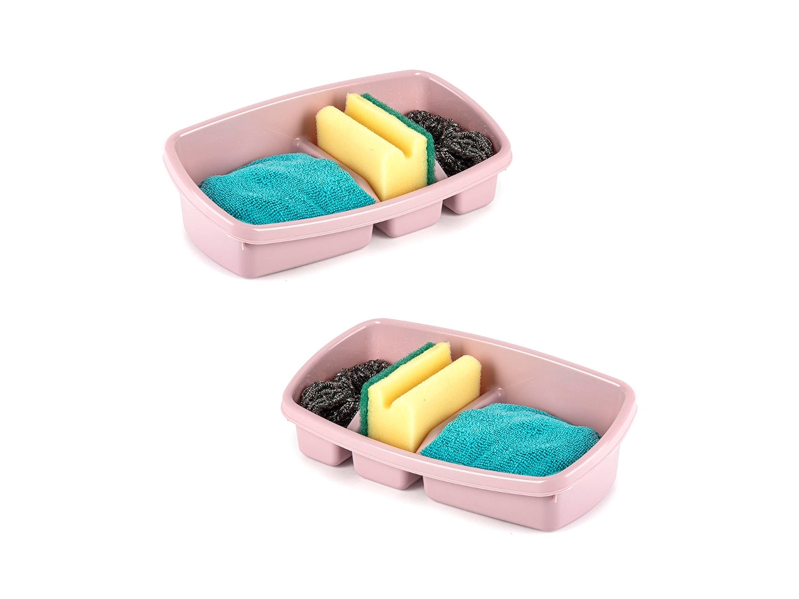PLASTIC FORTE Juego de 2 Estropajeros de Cocina Simply Con 3 Compartimentos Rosa