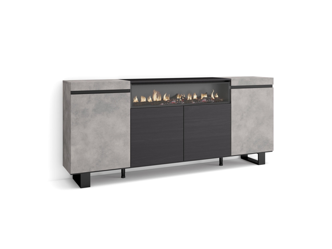 Aparadores para salón, 200x87x35cm, 4 Puertas, Chimenea eléctrica, Diseño industrial, Cemento