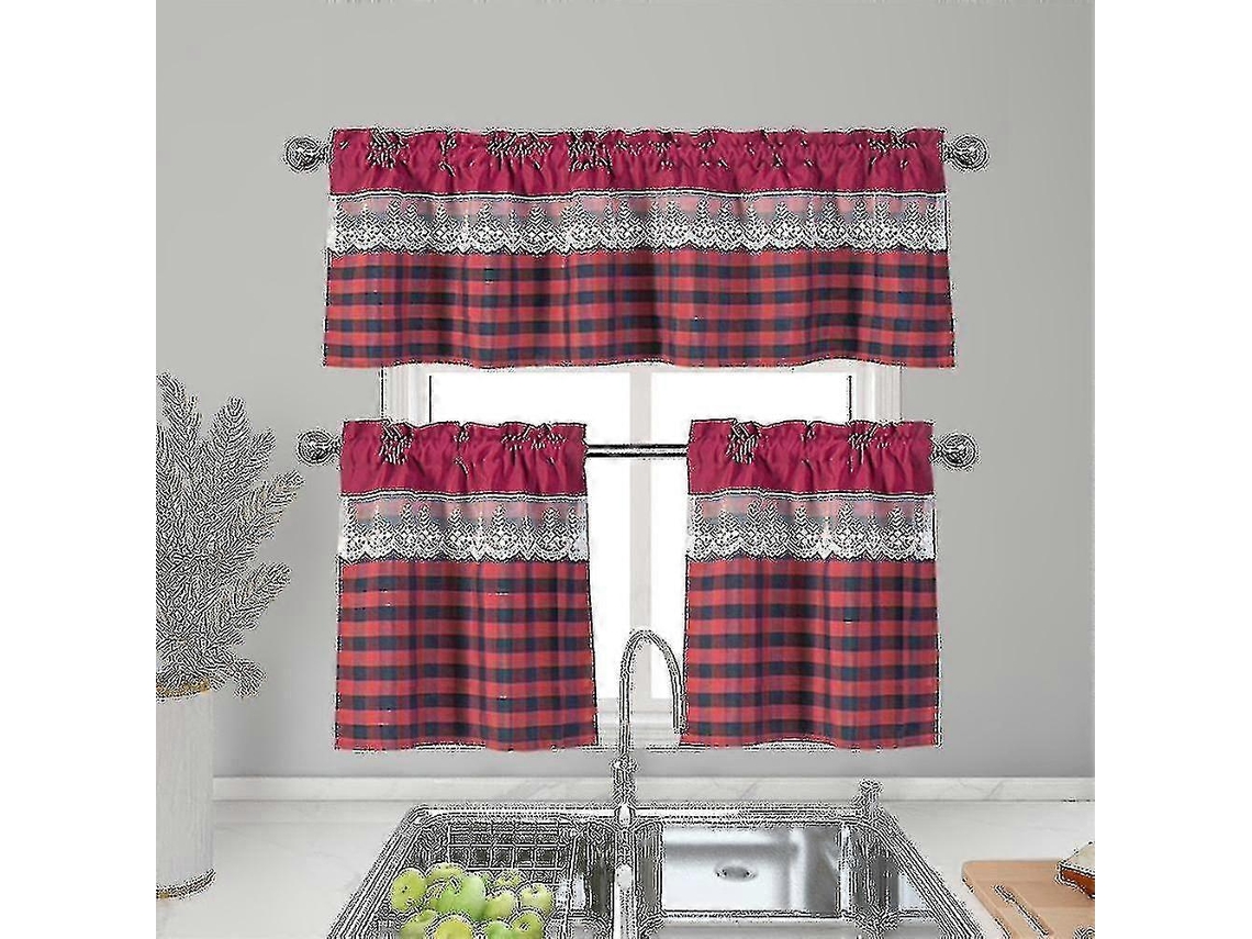 Rebe-cortinas De Cocina Lujo Valance Topper Moderno Translúcido Con Estampado De Rejilla Y Punto De Encaje En Poliéster 130cmx41cm Vino Rojo