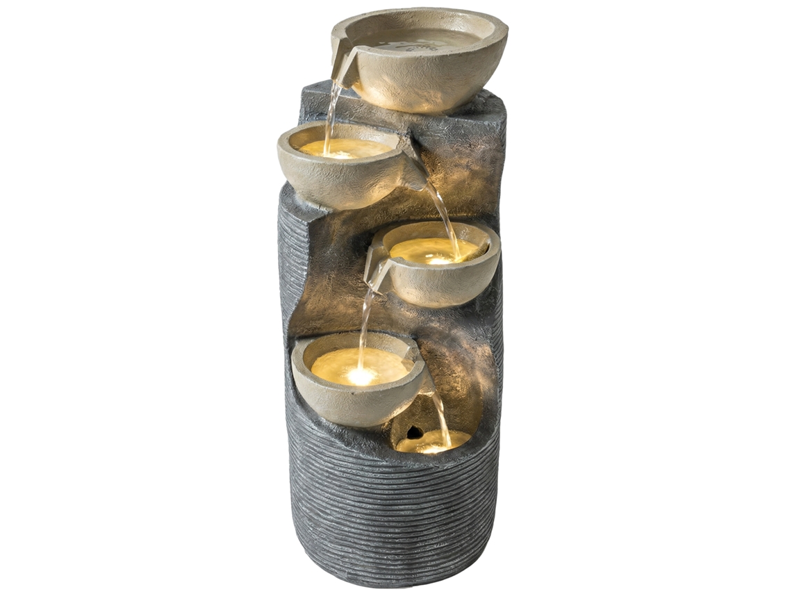 Fonte De Jardim 5 Andares Iluminação Led Pedra Aparência Bomba Fluxo Ajustável 33x31x80cm