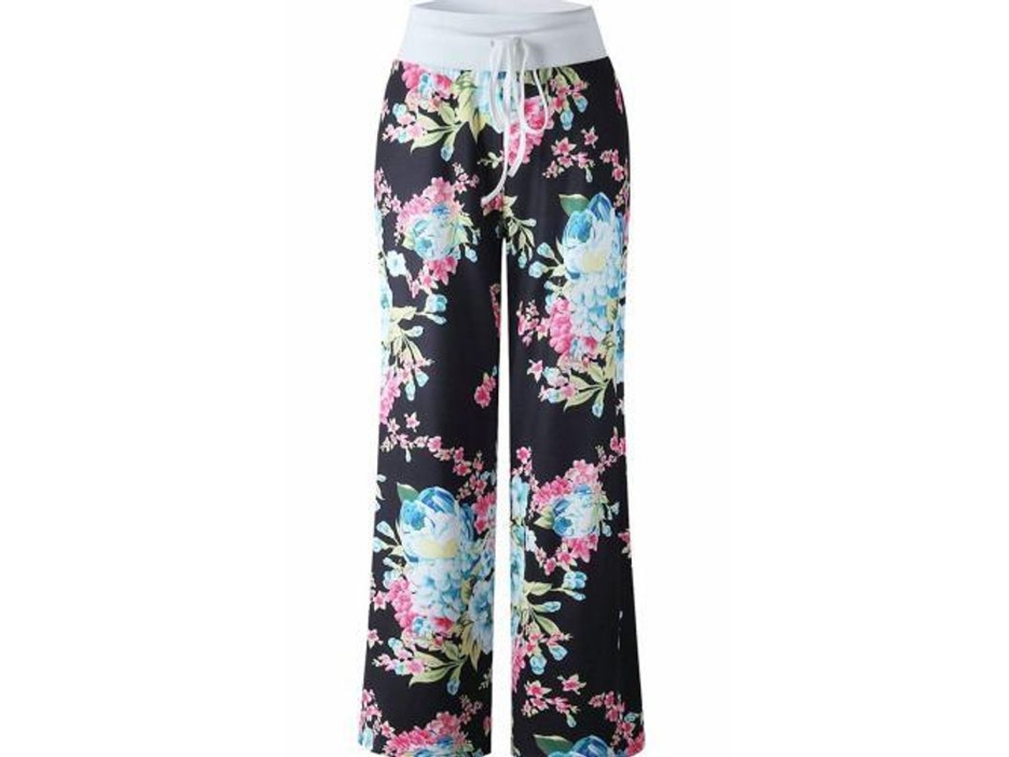 Pantalones De Pijama De Pierna Ancha Para Mujer Con Estampado Floral Y Cordón Ajustable, Cómodos En Seda De Leche.